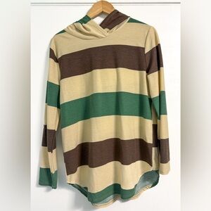Rugby Stripe Hoodie L | Green Brown Tan Soft Knit Pullover Layer